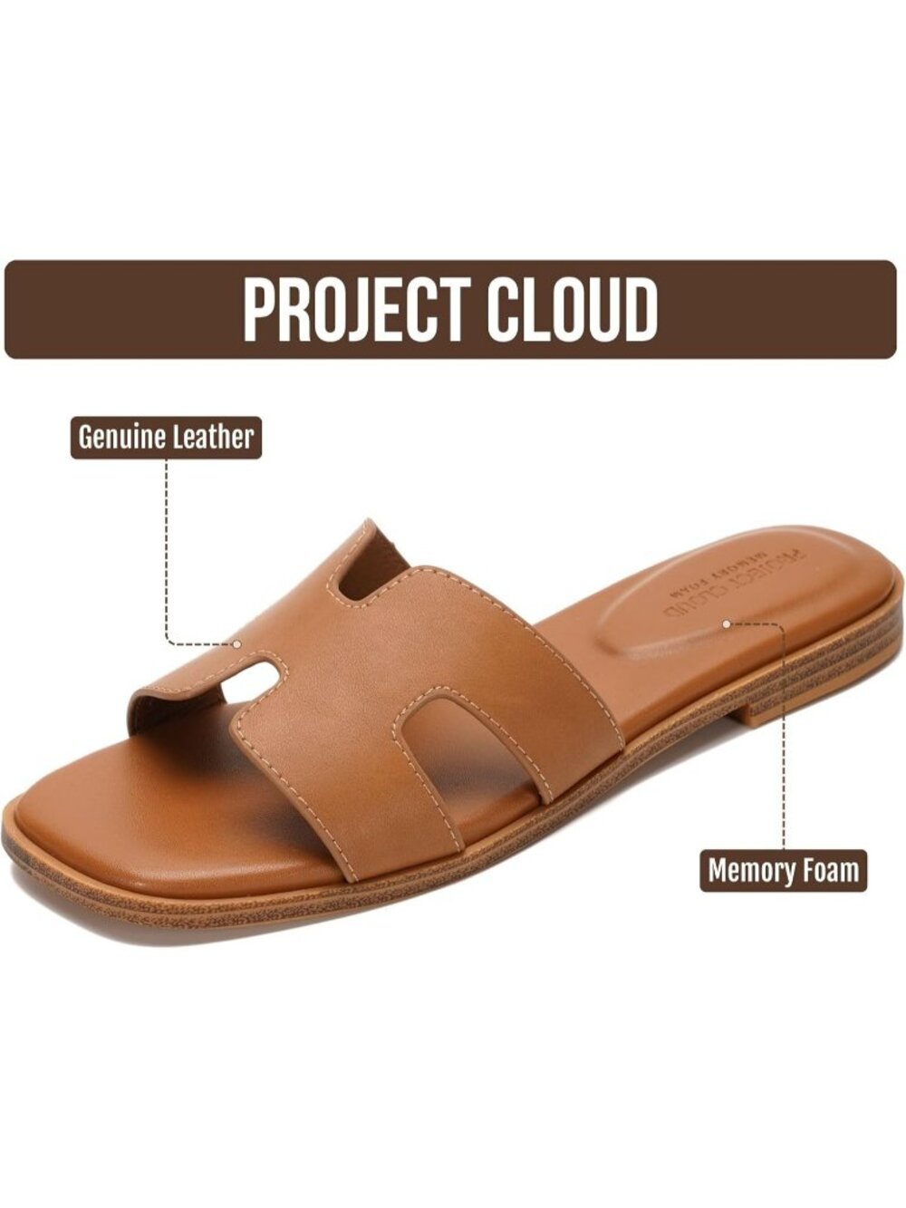 Women's Cognac Genuine Leather Fashion Flats Memory Foam Insole Slides Sandals - Picture 2 of 6